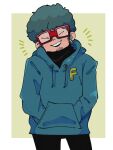  1boy afro black_pants closed_eyes earrings facial_hair facing_viewer franky_franklin glasses hands_in_pocket hood hood_down hoodie jewelry ouka_(gegege_853suki) pants red-framed_eyewear short_hair sideburns simple_background solo spy_x_family standing stubble 