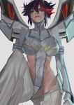  1girl absurdres black_hair brown_eyes covered_navel grey_background hair_between_eyes half-closed_eyes highres junketsu kill_la_kill looking_down matoi_ryuuko multicolored_hair parted_lips red_hair short_hair simple_background solo streaked_hair teeth tristanmori01 