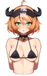  1girl :o ahoge arknights bangs bare_shoulders bell bikini black_bikini black_choker blush breasts choker collarbone commentary_request covered_nipples croissant_(arknights) cropped_torso eyebrows_visible_through_hair green_eyes hair_between_eyes hanenosaki highres horns large_breasts looking_at_viewer neck_bell orange_hair parted_lips short_hair simple_background solo stomach swimsuit translation_request upper_body visor_cap white_background 