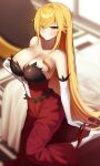  1girl absurdres bangs bare_shoulders bed bed_sheet blonde_hair blurry blurry_background blush breasts cleavage closed_mouth commentary dress elbow_gloves eyebrows_visible_through_hair gloves hair_between_eyes highres indoors kiss-shot_acerola-orion_heart-under-blade kizumonogatari long_hair looking_at_viewer monogatari_(series) panties panties_around_one_leg panty_pull pointy_ears pulled_by_self red_dress red_panties sbgu shiny shiny_hair slit_pupils solo standing standing_on_one_leg straight_hair swept_bangs underwear very_long_hair white_gloves yellow_eyes 