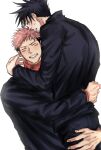  2boys arm_around_waist back black_hair black_jacket black_pants blush closed_eyes facial_mark from_behind fushiguro_megumi fushirun_rung green_eyes grin highres hood hoodie hug itadori_yuuji jacket jujutsu_kaisen long_sleeves looking_at_viewer male_focus multiple_boys muscular muscular_male pants pink_hair red_hoodie school_uniform short_hair smile spiked_hair sweatdrop undercut yaoi 