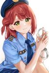  a_chamaru5 bangs blue_headwear blue_necktie blue_shirt blush braid braided_bun commentary_request cuffs eyebrows_visible_through_hair eyelashes green_eyes handcuffs hat highres holding holding_handcuffs looking_at_viewer love_live! love_live!_nijigasaki_high_school_idol_club medium_hair necktie police police_hat police_uniform policewoman red_hair shirt short_sleeves side_bun smile solo uehara_ayumu uniform upper_body v-shaped_eyebrows white_background wing_collar 