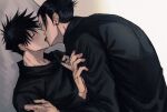  2boys arm_grab bangs black_hair black_jacket blush buttons closed_eyes commentary_request french_kiss fushiguro_megumi fushirun_rung getou_suguru hair_between_eyes hair_bun hair_pulled_back high_collar highres jacket jujutsu_kaisen kiss male_focus medium_hair multiple_boys piercing plug_(piercing) school_uniform short_hair single_sidelock yaoi 