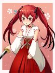  1girl alternate_costume bangs black_ribbon detached_sleeves fire_emblem fire_emblem_awakening fire_emblem_fates flying_sweatdrops hair_ribbon hakama highres holding holding_sword holding_weapon japanese_clothes kimono long_hair miko open_mouth red_eyes red_hair ribbon severa_(fire_emblem) shira_yu_ki solo sword twintails weapon wide_sleeves 