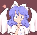  1girl bangs bow breasts brown_background buttons closed_mouth commentary crazy_eyes crazy_smile demon_wings dress face frilled_sleeves frills hair_bow hand_on_own_chin heart highres keb00b light_blue_eyes light_blue_hair looking_at_viewer mai_(touhou) medium_hair puffy_short_sleeves puffy_sleeves short_sleeves simple_background small_breasts touhou touhou_(pc-98) upper_body white_bow white_dress white_wings wings 