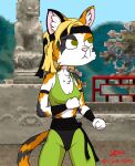  2022 4_fingers accessory anthro armband black_belt black_body black_fur blonde_hair calico_cat chest_tuft clothing digital_drawing_(artwork) digital_media_(artwork) domestic_cat ear_tuft felid feline felis female fighting_pose fingers fist fur green_clothing green_eyes green_leggings green_legwear green_shirt green_tank_top green_topwear hair headband leggings legwear mammal mottled multicolored_body multicolored_ears multicolored_fur multicolored_tail orange_body orange_fur piebald pink_nose pixelated_background pose shirt signature solo sonya_blade tank_top topwear tuft white_body white_fur zigmenthotep 