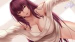  1girl akitsuki_karasu breasts cleavage fate_(series) long_hair long_sleeves looking_at_viewer open_mouth pov scathach_(fate) sweater thick_thighs thighs 
