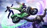  3boys absurdres armor battle black_armor black_gloves commentary_request double_driver driver_(kamen_rider) gloves green_armor ground_vehicle henchmen highres kamen_rider kamen_rider_double kamen_rider_w male_focus mask masquerade_dopant masukudo_(hamamoto_hikaru) midair motor_vehicle motorcycle multiple_boys red_eyes rider_belt scarf tokusatsu white_scarf 