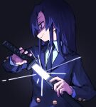  1girl black_background blazer buttons drawing_sword goshiki_agiri highres holding holding_sword holding_weapon jacket katana kill_me_baby long_hair necktie purple_eyes school_uniform shiny solo sword weapon yachima_tana 