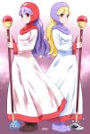  1girl blonde_hair boots breasts closed_mouth curly_hair dragon_quest dragon_quest_ii dress dual_persona full_body highres hood liquid_metal_slime_(dq) long_hair looking_at_viewer noto_(soranoto) princess princess_of_moonbrook purple_hair slime_(dragon_quest) smile solo staff 