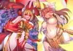  2girls amaterasu_(fate) animal_ear_fluff animal_ears animal_hands black_flower blonde_hair body_markings breasts claws commentary evil_smile facial_mark fangs fate/extra fate/grand_order fate/grand_order_arcade fate_(series) flower fox_ears fox_tail from_below fur gold_bracelet hair_intakes highres large_breasts looking_at_viewer looking_down multiple_girls multiple_tails navel nero_claudius_(fate) official_alternate_costume queen_draco_(beast_vi/s)_(fate) red_eyes revealing_clothes sharp_teeth smile tail tamamo_(fate) teeth underboob wisespeak wolf_ears wolf_girl yellow_eyes 