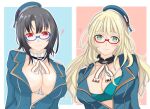  2girls absurdres atago_(kancolle) beret bespectacled black_hair blonde_hair blue-framed_eyewear blue_bra bra breasts cleavage eyebrows_visible_through_hair glasses green_eyes hat highres kantai_collection large_breasts long_hair looking_at_viewer military military_uniform multiple_girls nitamako_(sakamalh) no_bra open_clothes red-framed_eyewear red_eyes semi-rimless_eyewear short_hair smile takao_(kancolle) underwear uniform upper_body 