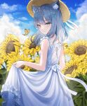  1girl alternate_costume animal_ear_fluff animal_ears bangs bare_arms bare_shoulders blue_archive blue_butterfly blue_eyes blue_hair blue_sky blush bug butterfly cat_ears closed_mouth clothes_lift cloud cloudy_sky day dress dress_lift eyebrows_visible_through_hair field flower flower_field frilled_dress frills from_side hair_between_eyes hair_ornament hairclip hat highres long_hair looking_at_viewer looking_back outdoors ribbon shiroko_(blue_archive) skirt_hold sky sleeveless sleeveless_dress smile solo standing straw_hat sundress sunflower tail tikakaa white_dress x_hair_ornament yellow_flower 