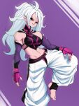  2019 alien alien_humanoid breasts capcom clothing colored_nails cosplay crossover crossover_cosplay dragon_ball dragon_ball_fighterz echo_saber feet female fingerless_gloves fingers gloves hair handwear hi_res humanoid humanoid_pointy_ears juri_han long_hair majin majin_android_21 nails not_furry pink_body pink_skin red_eyes simple_background solo street_fighter toes video_games white_hair 