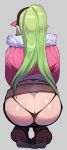  1girl ass ass_focus baseball_cap belt boots borrowed_character butt_crack collaboration commission elf english_commentary from_behind green_hair hair_through_headwear hat highres jacket linnaea_(silviathepony) long_hair nyantcha original pink_jacket pointy_ears pomki solo squatting thong 