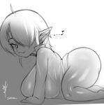  adelia_(changbae) all_fours big_breasts bottomless breasts changbae clothed clothing female goblin hair hair_over_eye hi_res huge_breasts humanoid monochrome not_furry one_eye_obstructed solo 