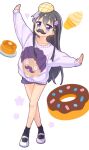  1girl arm_up bangs black_hair black_legwear blue_eyes blue_shorts blush bread butter commentary_request crossed_legs doughnut emoji eyebrows_visible_through_hair fake_facial_hair fake_mustache flower food food_on_head full_body hair_between_eyes hair_flower hair_ornament heart higero_(wataten) ice_cream jigatei_(omijin) long_hair long_sleeves looking_at_viewer object_on_head outstretched_arm pancake pink_flower print_sweater puffy_long_sleeves puffy_sleeves purple_sweater shirosaki_hana shoes short_shorts shorts simple_background sleeves_past_wrists socks soft_serve solo stack_of_pancakes standing sweater very_long_hair watashi_ni_tenshi_ga_maiorita! white_background white_footwear 