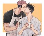  2boys apron black_hair black_nails black_shirt border closed_eyes commentary_request couple cup facial_mark fushiguro_megumi fushirun_rung hand_on_another&#039;s_arm hand_on_another&#039;s_hip height_difference highres holding holding_cup jujutsu_kaisen kiss male_focus mug multiple_boys pants pink_hair ryoumen_sukuna_(jujutsu_kaisen) shirt short_hair short_sleeves size_difference spiked_hair veins white_border white_shirt yaoi 