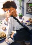  1girl arm_support arm_up bag bangs blush brown_footwear cafe casual denim eating food food_in_mouth from_behind fruit glasses gochuumon_wa_usagi_desu_ka? hand_on_own_face hat highres hoto_cocoa index_finger_raised indoors legs_up light_rays long_sleeves looking_at_viewer medium_hair messenger_bag orange_hair pastry purple_eyes round_eyewear shorts shoulder_bag solo standing standing_on_one_leg strawberry table thighhighs thighs wavy_hair zettai_ryouiki zumi6 