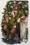  1boy animal_feet arm_rest bracelet brown_fur brown_hair digitigrade earrings flower full_body goat_horns green_robe highres holding holding_instrument hooves horns instrument jewelry long_hair long_sleeves male_focus monster_boy original plant pointy_ears reed_(instrument) robe satyr sitting solo tozakuro_s water white_flower 