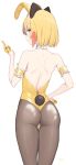  1girl absurdres animal_ears arm_garter ass back bare_shoulders blonde_girl_(cloba) blonde_hair blush bow brown_eyes brown_legwear clenched_teeth cloba detached_collar eyebrows_visible_through_hair fake_animal_ears from_behind gloves hand_on_hip highres leotard looking_at_viewer looking_back middle_finger original pantyhose playboy_bunny rabbit_ears rabbit_tail shiny short_hair solo standing strapless symbol-only_commentary tail teeth thigh_gap white_background wrist_cuffs yellow_eyes yellow_leotard 