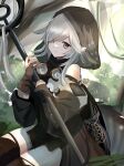  1girl absurdres arknights bangs bare_shoulders black_dress black_legwear brown_eyes brown_gloves closed_mouth dress eyebrows_visible_through_hair eyes_visible_through_hair gloves grey_hair hair_over_one_eye highres holding holding_staff hood hood_up long_hair long_sleeves looking_at_viewer partially_fingerless_gloves puffy_long_sleeves puffy_sleeves sitting staff thighhighs tokiwa_sylbe tomimi_(arknights) 