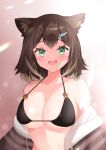  1girl absurdres animal_ear_fluff animal_ears bare_shoulders black_bra blurry bokeh bra breasts brown_hair cat_ears cat_girl cat_ornament cleavage collarbone commentary_request depth_of_field eyebrows eyebrows_visible_through_hair eyelashes facing_viewer fang fish_hair_ornament forehead fumino_tamaki gradient gradient_background green_eyes hair_ornament hairclip highres hukhuk2 large_breasts looking_at_viewer medium_hair nijisanji off_shoulder open_mouth solo sparkle sweat underwear upper_body virtual_youtuber 