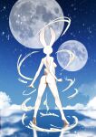  1girl absurdres animal_ears ass back blue_background blue_sky body_fur breasts cloud commentary cum day from_behind full_body full_moon furry furry_female gradient_sky highres kneepits liquid moon multiple_moons nipples original outdoors rabbit_ears rabbit_girl rabbit_tail reflection reflective_water sky small_breasts solo standing standing_on_liquid star_(symbol) tail tiptoes usamimi_(umisag85rabb99) 
