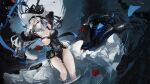  1girl arknights bangs black_dress breasts cleavage clothing_cutout covered_navel dress hat highres long_hair long_sleeves nipples omone_hokoma_agm one_breast_out partially_submerged pelvic_curtain red_eyes shoulder_cutout silver_hair specter_(arknights) specterz thighs 