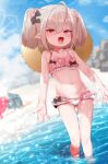  1girl :d absurdres arms_at_sides beach bikini bikini_top_only black_bow blue_sky blurry blurry_background blush bow bow_panties day depth_of_field grey_hair hair_bow hair_ornament hair_scrunchie hat hat_around_neck highleg highleg_panties highres looking_at_viewer makaino_ririmu nijisanji ocean open_mouth outdoors panties pink_bikini pink_bow pointy_ears red_eyes scrunchie sky smile solo straw_hat swimsuit twintails underwear utsusumi_kio wading white_panties 