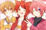  3boys animal_ears blonde_hair blush brown_eyes dog_boy dog_ears highres is18_5 looking_at_viewer male_focus multiple_boys one_eye_closed pink_hair purple_eyes red_hair rinu_(stpri) root_(stpri) satomi_(stpri) short_hair strawberry_prince v yellow_eyes 