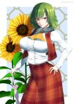  1girl ascot breasts commentary_request flower green_hair hair_between_eyes hand_on_hip highres kazami_yuuka large_breasts long_sleeves looking_at_viewer mattari_yufi plaid plaid_skirt plaid_vest red_eyes shirt short_hair skirt solo sunflower touhou twitter_username umbrella vest white_shirt 