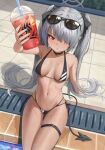 1girl absurdres arm_support bangs bikini black_bikini black_choker blue_archive blush breasts breasts_apart choker cup dark-skinned_female dark_skin disposable_cup drink hair_over_one_eye highres holding holding_drink iori_(swimsuit)_(blue_archive) kkusak_(kkusag_ks) leaning_back long_hair looking_at_object medium_breasts micro_bikini midriff navel parted_lips poolside red_eyes side-tie_bikini silver_hair sitting skindentation solo string_bikini sunglasses swimsuit thigh_strap thighs twintails very_long_hair wet 