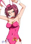  animal_ears armpits baiola bare_shoulders between_breasts breasts code_geass green_eyes heart highres kallen_stadtfeld medium_hair playboy_bunny rabbit_ears ribbon sexually_suggestive shiny shiny_skin simple_background solo white_background wrist_cuffs 