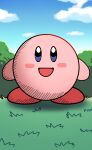  :d blue_sky cloud commentary_request day e.o. grass highres kirby kirby_(series) looking_at_viewer no_humans open_mouth sky smile 