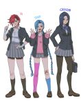  3girls :d :o alternate_costume asymmetrical_bangs asymmetrical_legwear bag bandaged_arm bandages bangs black_hair black_jacket blue_bow blue_bowtie blue_hair blue_legwear bow bowtie braid breast_pocket brown_footwear brown_legwear caitlyn_(league_of_legends) candy character_name fang food full_body grey_skirt hair_ornament hand_on_hip highres holding holding_bag holding_candy holding_food holding_lollipop jacket jinx_(league_of_legends) kneehighs league_of_legends lollipop long_hair long_sleeves miniskirt mismatched_legwear multiple_girls noriuma open_clothes open_jacket open_mouth pink_legwear pink_sweater pocket school_uniform shirt_tucked_in skirt smile standing sweater tongue tongue_out twin_braids twintails vi_(league_of_legends) x_hair_ornament 