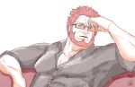  1boy bespectacled bursting_pectorals casual collared_shirt contemporary fate/grand_order fate_(series) glasses highres iskandar_(fate) karasu_18-go large_pectorals male_focus mature_male muscular muscular_male partially_unbuttoned pectoral_cleavage pectorals shirt short_hair solo tight tight_shirt upper_body 