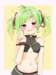  1girl :d ahoge arm_strap bare_shoulders black_shirt breasts clothing_cutout commission crop_top delruki delutaya earrings furrowed_brow green_hair green_nails hair_ornament hand_up highres indie_virtual_youtuber jewelry long_hair looking_at_viewer midriff nail_polish namii_(namialus_m) navel open_mouth red_eyes shirt sleeveless sleeveless_shirt small_breasts smile solo stomach twintails underboob_cutout upper_body v virtual_youtuber 