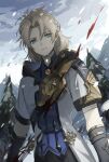  1boy albedo_(genshin_impact) bangs blonde_hair blood blue_eyes cloud elbow_gloves genshin_impact gloves grey_gloves highres jacket looking_at_viewer male_focus mountain outdoors parted_bangs pine_tree rosa_(hoshino) short_hair sky snow snowing solo standing tree upper_body white_jacket 