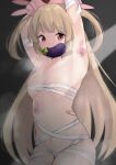  1girl :3 absurdres arm_behind_head armpits arms_up bandaged_arm bandaged_leg bandages bandaid bangs blonde_hair blunt_bangs breasts commentary_request cowboy_shot eggplant fangs food_in_mouth hair_ornament hat highres hukhuk2 long_hair looking_at_viewer natori_sana nurse_cap red_eyes revealing_clothes sana_channel sarashi sitting small_breasts solo sparkle sweat thighs virtual_youtuber 