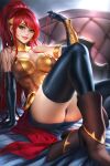  1girl bodice bracer breasts circlet cleavage elbow_gloves gloves gorget green_eyes highres large_breasts long_hair looking_at_viewer neoartcore paid_reward_available panties pantyshot pyrrha_nikos red_hair rwby sitting solo tagme thighhighs underwear very_long_hair 