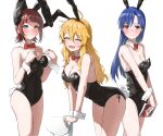  3girls absurdres amami_haruka animal_ears black_hairband black_leotard bow bowtie collage commentary detached_collar hairband highres hoshii_miki idolmaster idolmaster_(classic) idolmaster_million_live! kisaragi_chihaya leotard multiple_girls pdal_(pdalhhh) playboy_bunny rabbit_ears rabbit_tail red_bow red_bowtie simple_background symbol-only_commentary tail white_background wrist_cuffs 