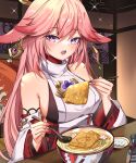  1girl absurdres animal_ears bangs bare_shoulders blush bottle bowl breasts chopsticks earrings eating eyebrows_behind_hair eyebrows_visible_through_hair food fox_ears fox_girl genshin_impact hair_between_eyes highres holding holding_chopsticks holding_spoon indoors japanese_clothes jewelry kimono long_hair looking_at_viewer miko noodles open_mouth pink_hair plate purple_eyes rudang sake_bottle solo spoon tofu yae_miko 