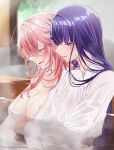  2girls bathing blush breasts closed_eyes cuddling genshin_impact highres hug hug_from_behind large_breasts long_hair long_sleeves monokuro_(sekahate) multiple_girls nipple_slip nipples onsen open_clothes open_mouth partially_submerged pink_hair purple_eyes purple_hair raiden_shogun steam sweatdrop upper_body water wet wet_clothes yae_miko yuri 