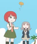  2girls :o alternate_hair_ornament bangs black_jacket blunt_bangs blush commentary_request danganronpa_(series) danganronpa_2:_goodbye_despair day dress flying green_dress jacket koizumi_mahiru multiple_girls namu_(nurui_cha) nanami_chiaki neck_ribbon necktie open_mouth outdoors own_hands_together palm_tree pink_eyes pink_hair pink_ribbon ribbon shirt short_sleeves smile thighhighs tree triangle_hair_ornament white_shirt zettai_ryouiki 