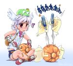  !? 1girl bandaid bandaid_on_leg bandana bangs blacksmith_(ragnarok_online) blue_shorts blush breast_pocket carving collared_shirt commentary_request crown dated_commentary double_bun eyebrows_visible_through_hair fingerless_gloves flat_chest frog frog_on_head full_body ghost gloves indian_style jack-o&#039;-lantern kawagoe_pochi light_purple_hair lude_(ragnarok_online) open_mouth pocket pumpkin purple_eyes ragnarok_online red_bandana red_eyes red_footwear shirt shoes short_hair short_shorts shorts sitting sleeveless sleeveless_shirt surprised translation_request triangular_headpiece vambraces white_background white_shirt 