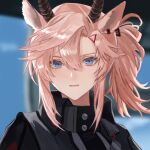  1girl animal_ears arknights bangs black_jacket blonde_hair blue_eyes commentary_request earthspirit_(arknights) goat_ears goat_girl goat_horns hair_between_eyes hasegawamorito high_collar highres horns jacket looking_at_viewer parted_lips solo 