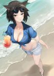  1girl absurdres animal_ears beach bikini bikini_under_clothes black_hair blue_hawaii blue_shirt breasts cat_ears cleavage commission crop_top cup drinking_glass earrings eyewear_on_head facial_mark final_fantasy final_fantasy_xiv front-tie_top green_eyes grey_shorts halterneck highres holding hurricane_glass jewelry large_breasts looking_at_viewer midriff miqo&#039;te molyb navel sand shirt short_hair short_shorts short_sleeves shorts slippers solo standing stomach string_bikini sunglasses swimsuit thighs tropical_drink v-shaped_eyebrows water wet whisker_markings 