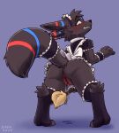  absurd_res alpha_blizz blush bodily_fluids_drip canid canine canis clothed clothing crossdressing crossgender eeveelution female genitals hi_res hybrid maid_uniform mammal mr.albafox nintendo pok&eacute;mon pok&eacute;mon_(species) pussy solo umbreon uniform video_games wolf 