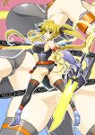 1girl ass black_leotard blonde_hair breasts commission dual_wielding fate_testarossa from_behind full_body highres holding large_breasts leotard long_hair looking_at_viewer looking_back lyrical_nanoha mahou_shoujo_lyrical_nanoha_strikers parted_lips red_eyes shiny shiny_hair shiny_skin skeb_commission skindentation smile standing sword thighhighs tsukamoto_takashi twintails weapon zoom_layer 